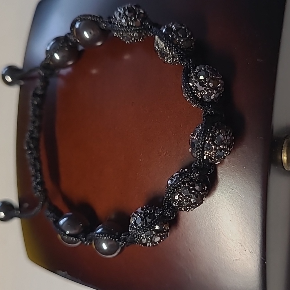 Shambala bracelet  6 black disco balls and 6 natural hematite stone